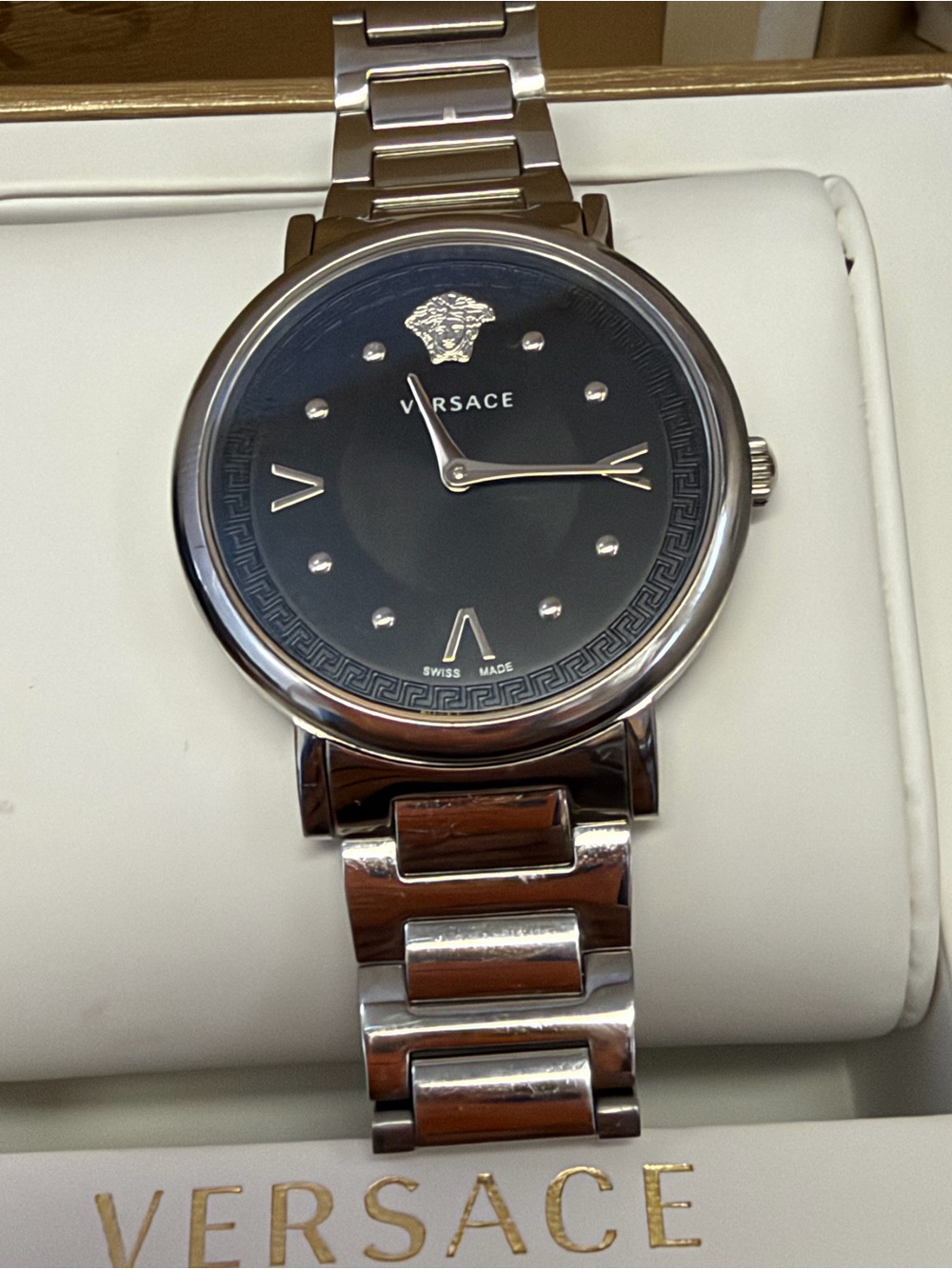 Versace V-Essential 36mm Black Dial Stainless Steel Swiss Watch Box Papers